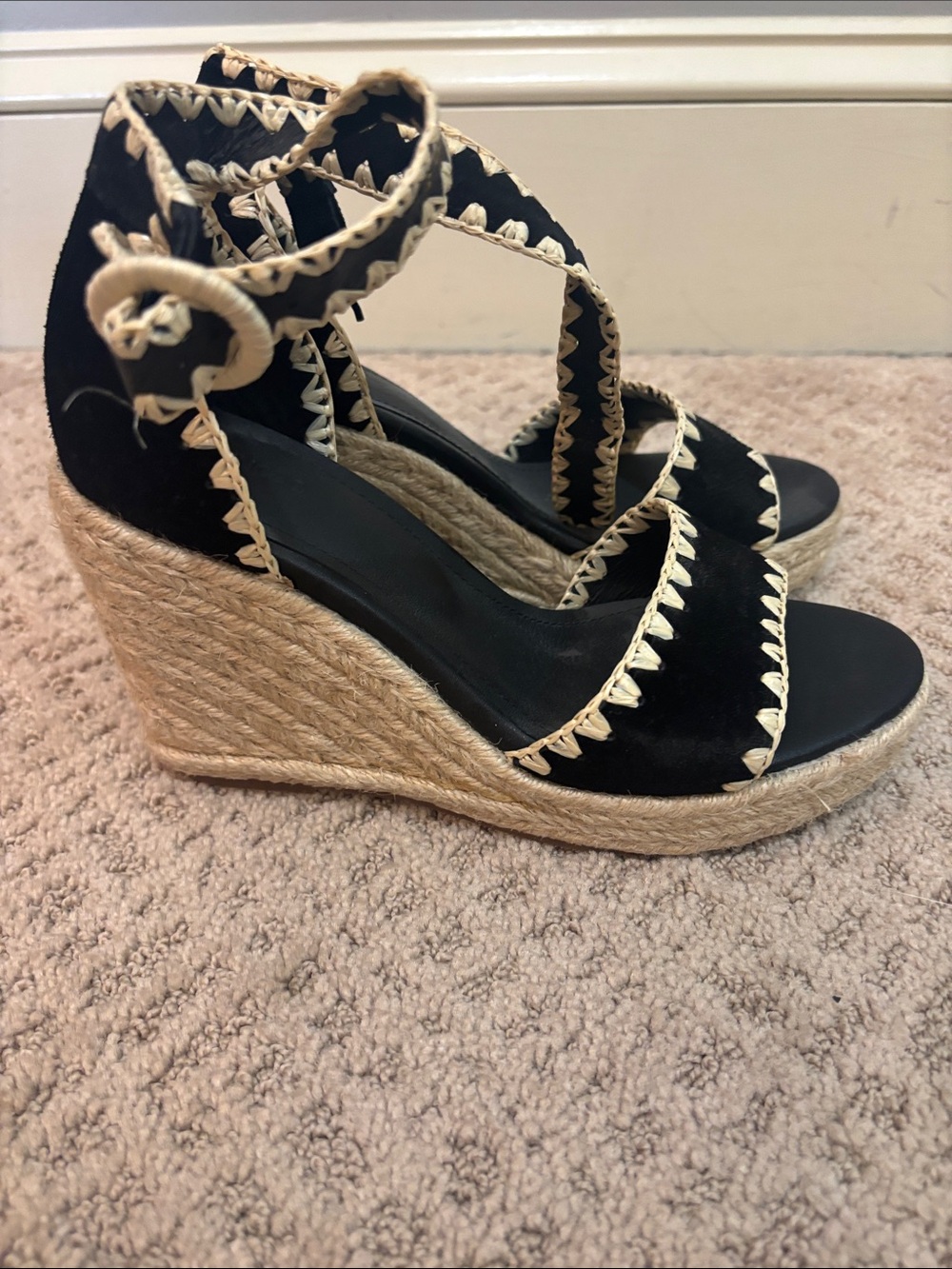 SUNCOO Black Espadrille Wedge Sandals with Cream Trim